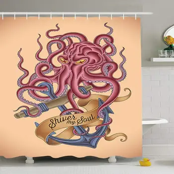 

Shower Curtain Set with Hooks 60x72 Oldschool Angry Tattoo Ink Old Octopus Drown Tied Around Navy an Sinking Vintage Anchor