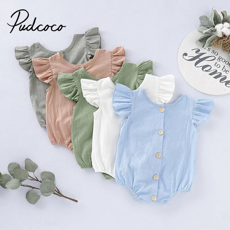 Ropa de verano para bebés, monos de manga corta con volantes de Color puro, Tops