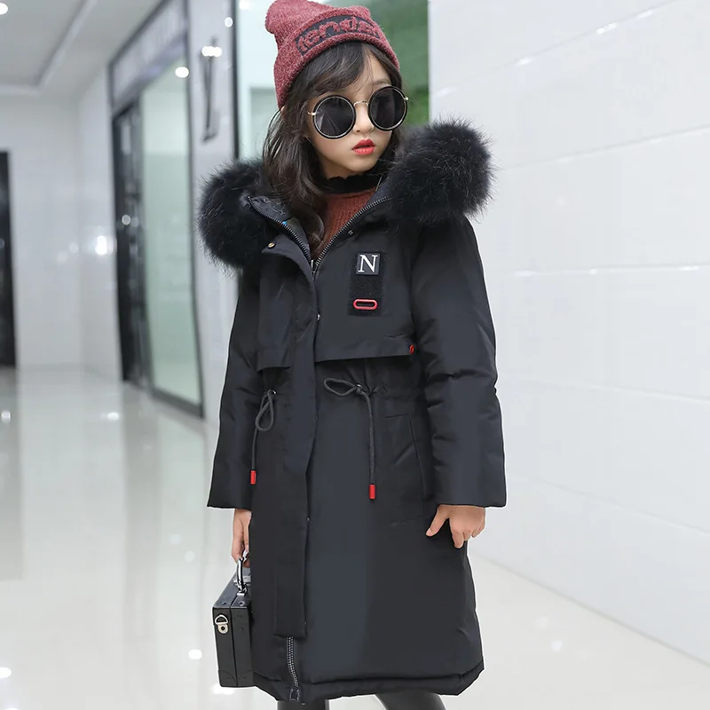 Пуховик для девочки Для девочек зимняя куртка-пуховик парка девочек 80% пуховик с натуральным мехом,-30 градусов зимняя одежда для девочек плотное пальто с натуральным мехом, пуховое пальто для детей - Цвет: Black