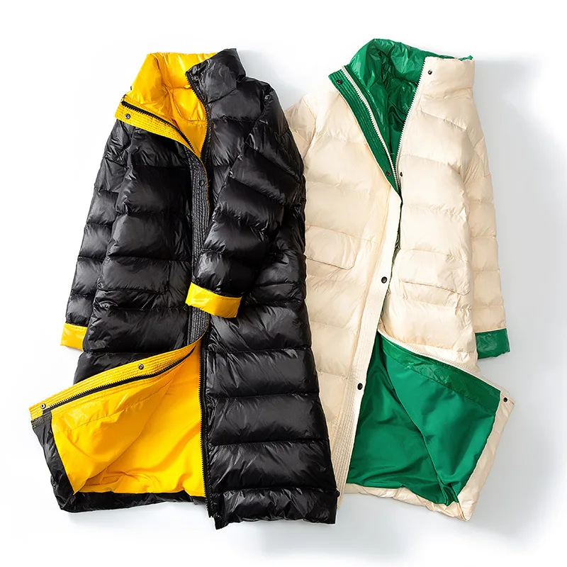 Autumn And Winter New Style Korean-style Loose And Plus-sized Straight-Cut Contrast Color Stand Collar down Jacket Women's