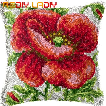 

Latch Hook Cushion Red Poppy Pre-Printed Canvas Cushion Front Acrylic Yarn Crochet Pillow Case Kits Sofa Bed Pillows Home Decor