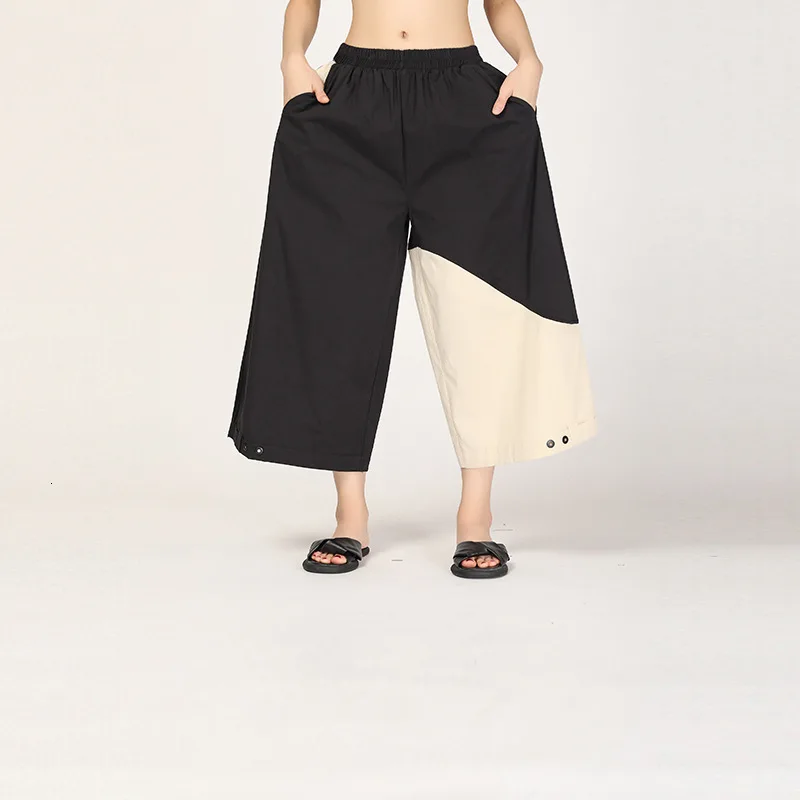 LANMREM 2019 Новая летняя одежда модные женские эластичные плиссированные широкие брюки с высокой талией контрастные цвета винтажные брюки WH10801