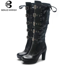BONJOMARISA New 34-43 Western Hot Sale mid-calf Boots Women 2019 Buckle Decorating Platform Boots Ladies High Heels Shoes Woman