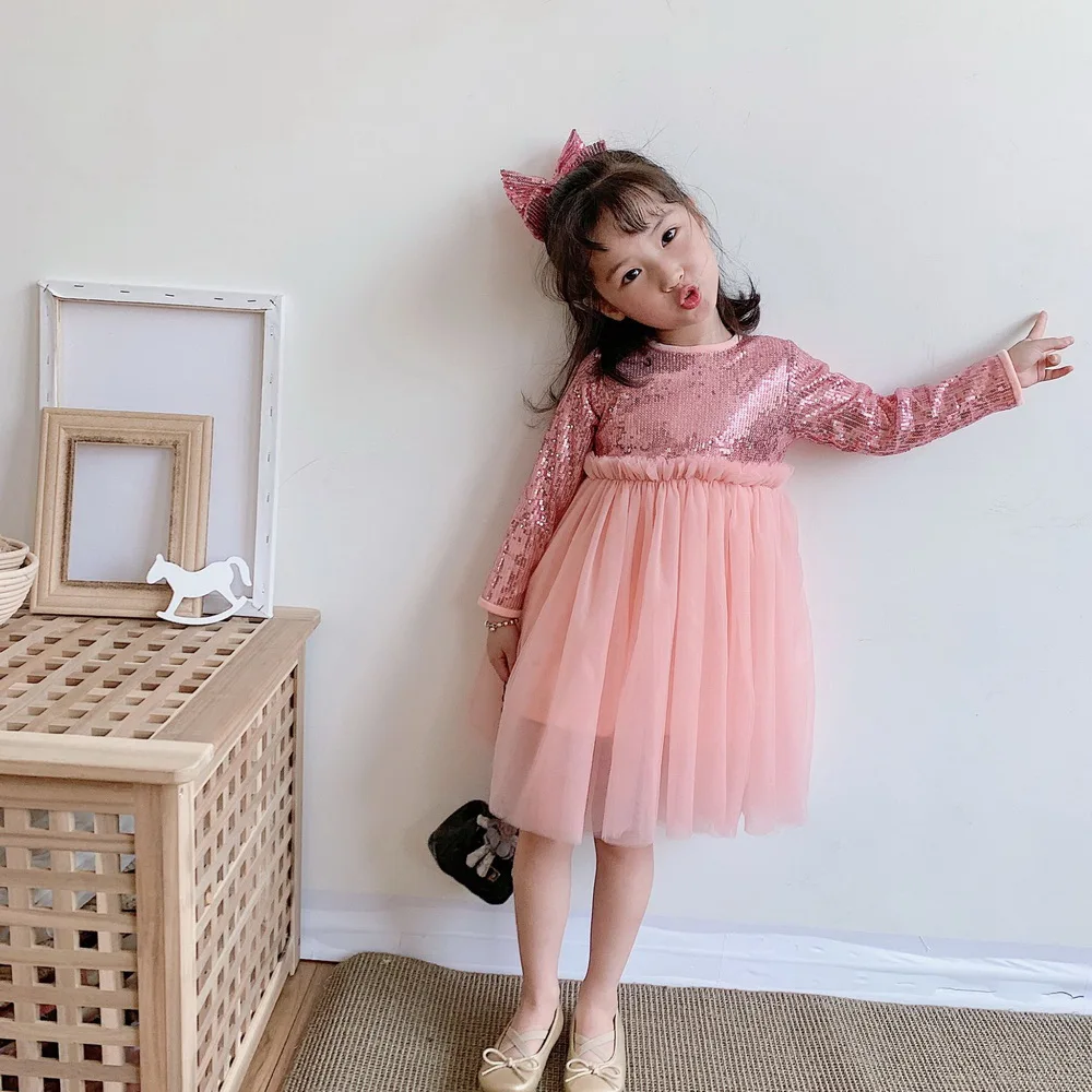 Новинка года, стильное розовое платье с пайетками для девочек Детские платья-пачки принцессы для свадебной вечеринки, детская заколка для волос От 1 до 10 лет, E81230 - Цвет: Розовый