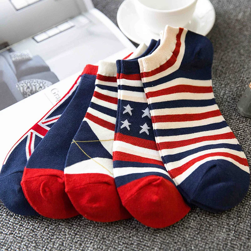 

5 Pairs of Men's Boat Socks British Fashion Flag Stripe Tribal Face Chunqiu Nguyen Kuan Casual Sports Men's Socks