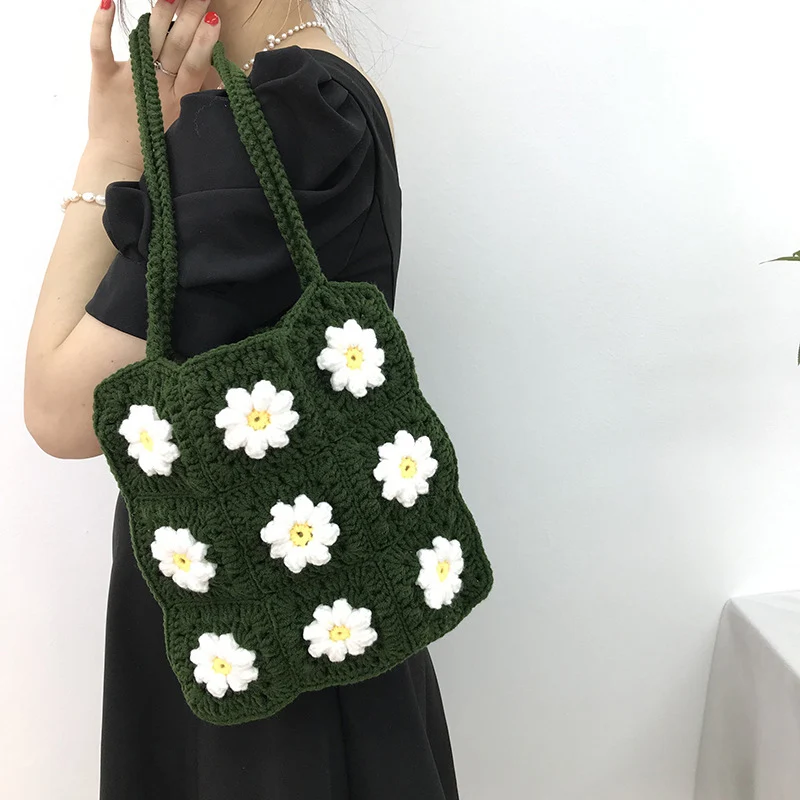 Bolso de hombro tejido a mano con margaritas para mujer, bolsa de ganchillo  hecha a mano, tejido de algodón, a la moda, novedad|Bolsos de hombro| -  AliExpress