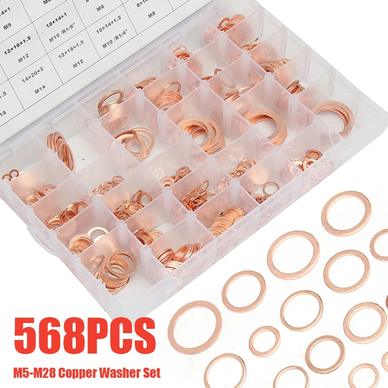 568pcs M5-M28 Solid Copper Washers Sump Plug Washer Assorted Box Kit 30 Sizes Copper Crush Washers Seal Flat Ring Hardware Parts