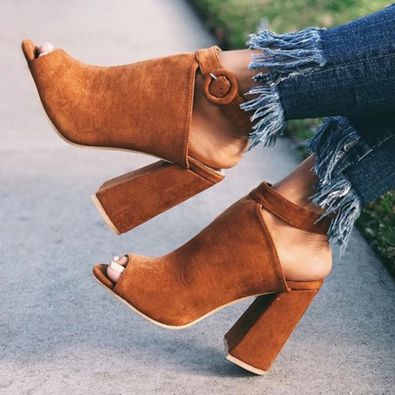 

HEE GRAND Women High Heel Ankle Boots Female Flock Open Toe Sexy Party Boots Ladies Square Heel Solid Fish Mouth Sandals XWZ6141