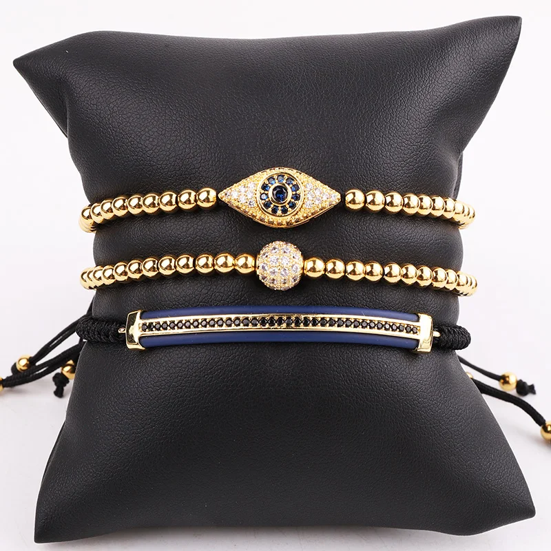 Jaravvi High Quantity 4mm Stainless Steel Beads CZ Evil Eye Charm Braided Macrame Bracelet Set Men