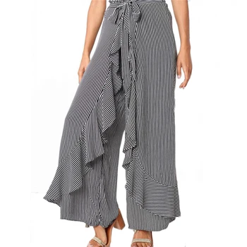 

Women High Waist Stripe Bow Decor Ruffled Wide Leg Palazzo Pant