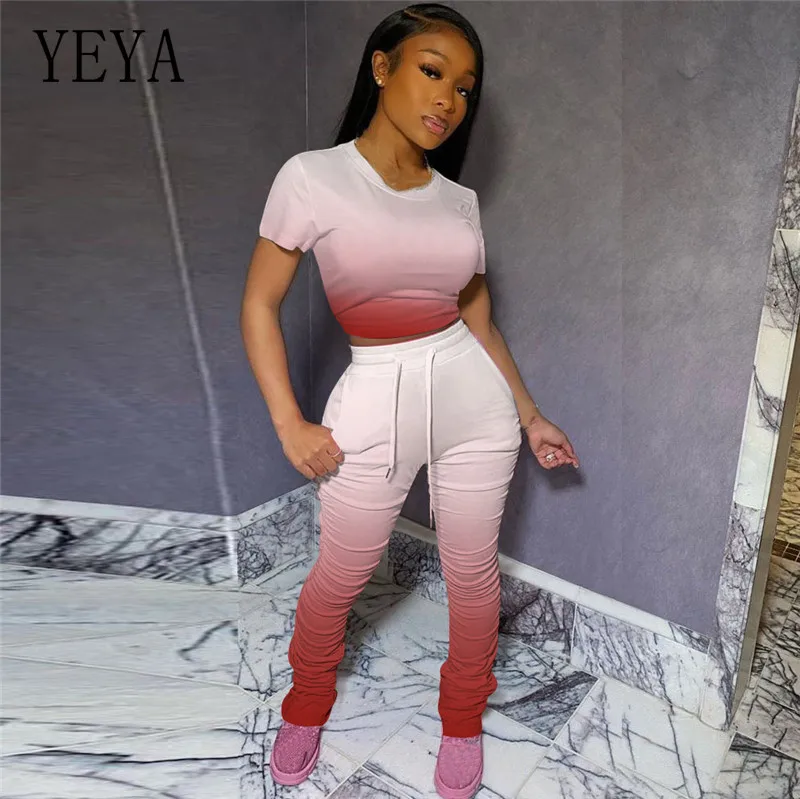 

YEYA Summer Tracksuits Fitness Tie-dye Print Tops+long Pants Suit Women Gradient Color Two Piece Set Casual Street Outfits