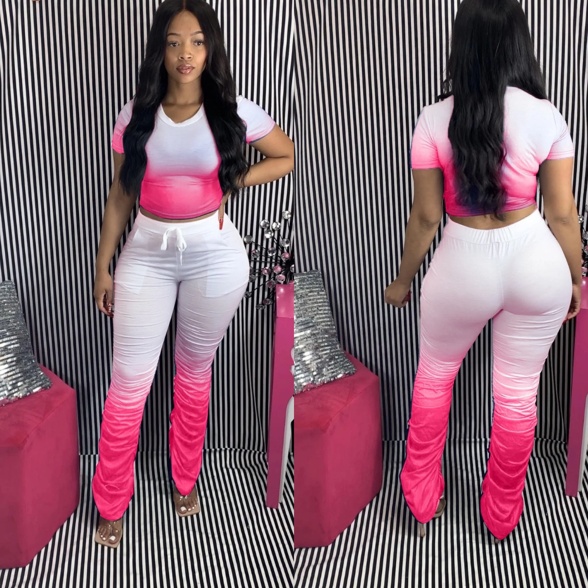 

New Women Gradient Two Piece Suits Set Tracksuits T-shrit Stacked Flare Long Pants T-Shirt And Sweatpants Matching Set outfits