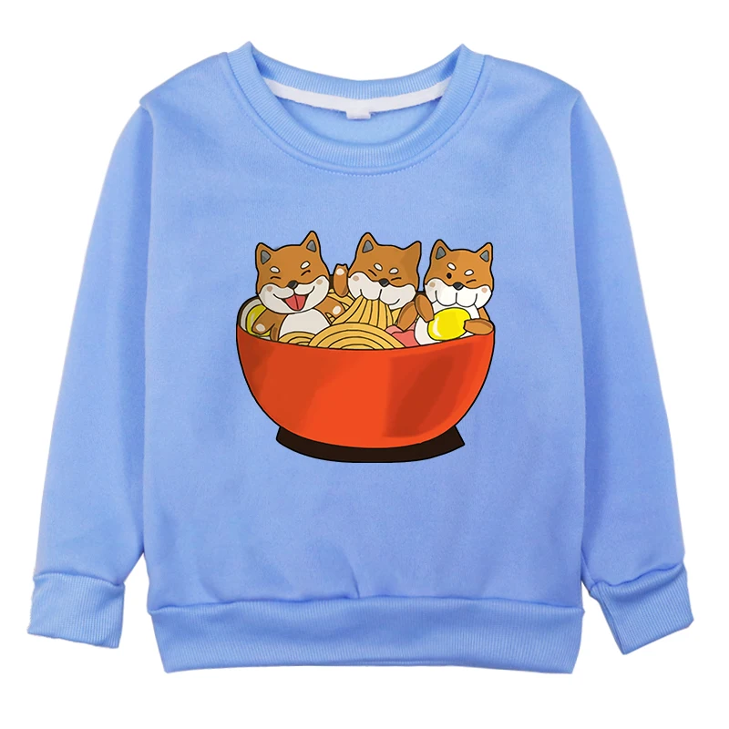 Милый свитшот для маленьких девочек с принтом «shba Inu Eat noodles»; Kawaii; Одежда для мальчиков; футболки; зимние корейские Детские свитшоты; теплые пальто