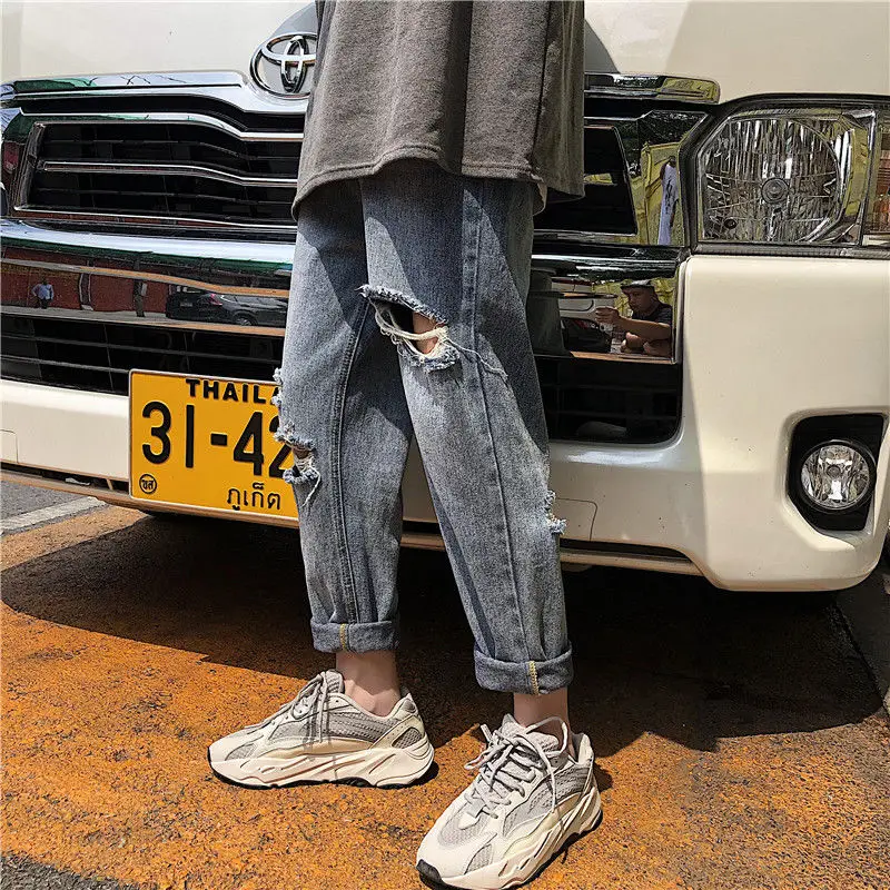 Japanese Ripped Jeans Men's Straight Loose Capri-Pants Korean Casual Pants Male  Hiphop Clothes Streetwear  Distressed Jeans