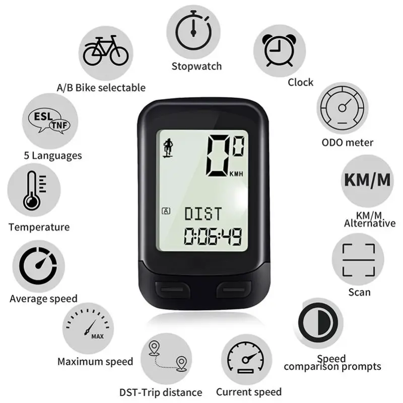 

Multifunction Wireless Bicycle Computer with Five language Large Screen Waterproof Night Luminous Mountain Road Bike Speedometer
