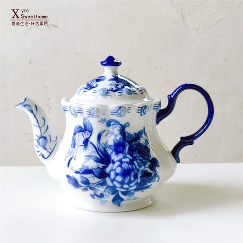Керамическая тарелка синий и белый чайный сервиз ажурная тарелка антикварная фарфоровая сахарная ваза чаша десертная тарелка кружка тарелка послеобеденный чайник - Цвет: teapot 22X11X16