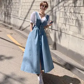 

2020 single-breasred Denim dress Fashion sleeveless A line high waist midi jeans dresses vestidos Spaghetti Strap dress w582