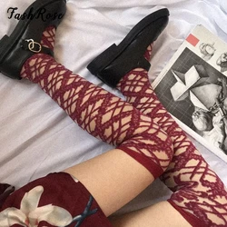FASHROSE 2000s Vintage Aesthetic Mesh Lolita Stockings Plaid Tight Bodycon Women Fairycore Knee Socks Gothic See Through Clothes