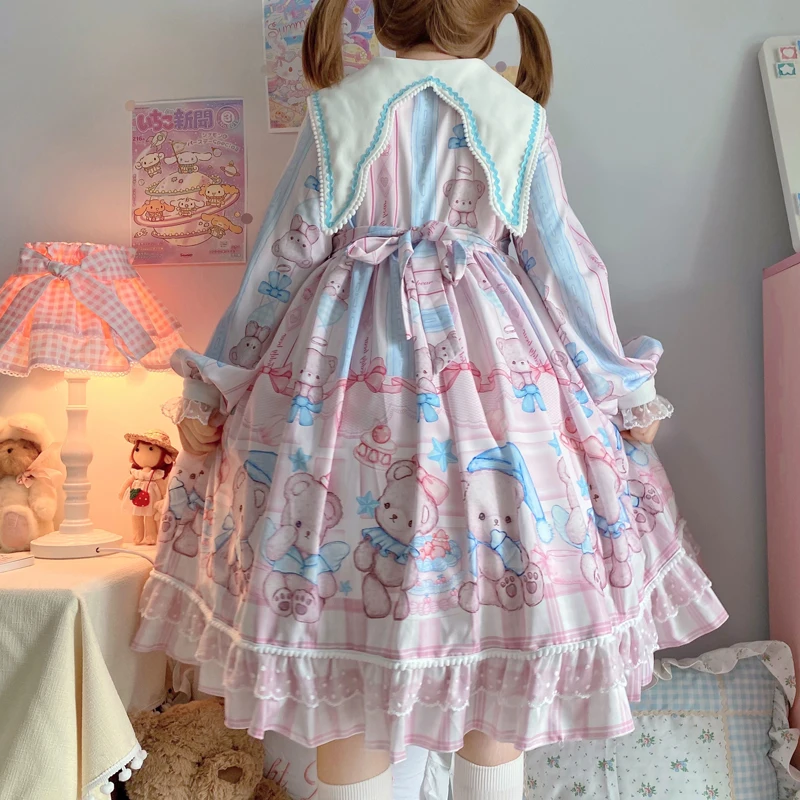 New Autumn Vintage Women Dress Lolita Kawaii Bear Sweet Bow Dresses Long Sleeve Blouse Fairy Cosplay Victorian Robe Maid Vestido