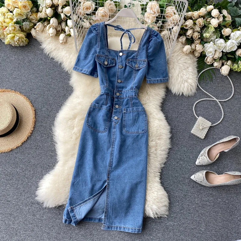 square neck denim dress