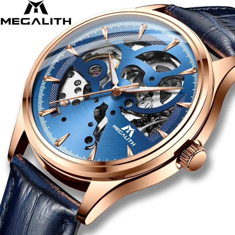 

MEGALITH Top Brand Men Watches For Male Mechanical Wristwatch Blue Leather Band New Relojes Para Hombre Automatic Clock 8078