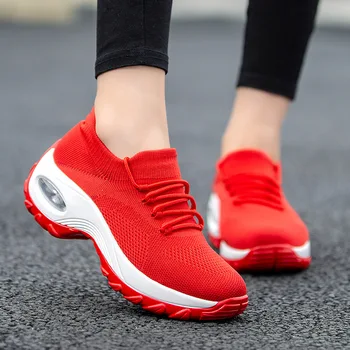 

Women Sneakers Breathable Mesh Sock Shoes Black Red Flying Lady Casual Shoes Wedge Fashion Platform Woman Sneakers Female Shoes