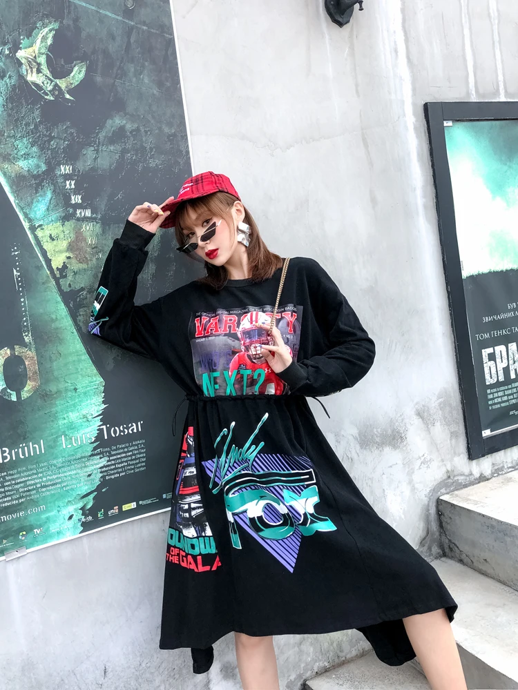 

Fall Winter Long Sleeve Pullovers Dress 3D Printing O-Neck Drawstring Dress Street Wear Irregular Dresses