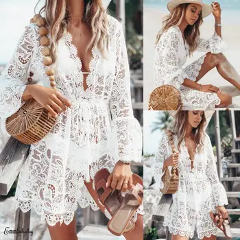 

2019 New Summer Women Bikini Cover Up Floral Lace Hollow Crochet Swimsuit Cover-Ups Bathing Suit Beachwear Tunic Beach Dress Hot