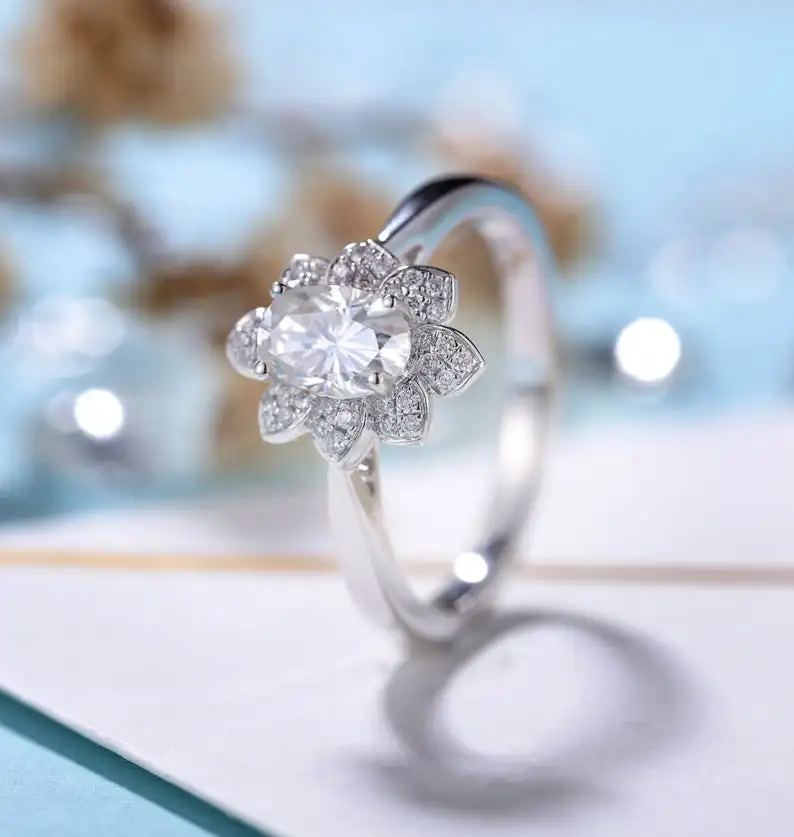 18k Белый Золотой центр 1ct 5*7 мм овальный вырез Moissanite Лотос образное обручальное