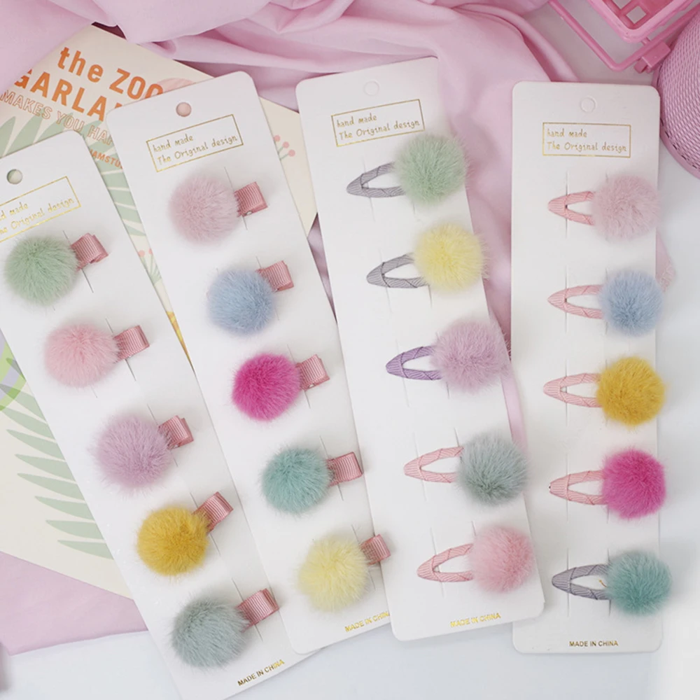 5PCS Lovely Girls Pompom Hairpins with Small Soft Fur Mini Ball Gripper Hairball Pom Hairclips Children Hair Accessories ergo baby accessories