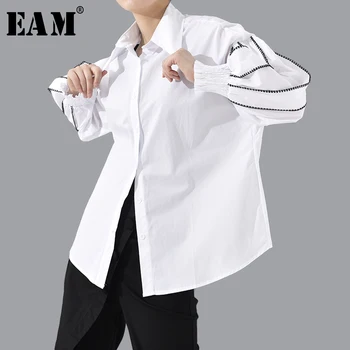 

[EAM] Women Split Joint Big Size Blouse New Lapel Long Lantern Sleeve Loose Fit Shirt Fashion Tide Spring Autumn 2020 1T802