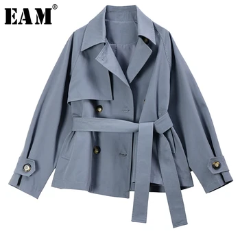 

[EAM] Loose Fit Double Breasted Bandage Big Size Blue Jacket New Lapel Long Sleeve Women Coat Fashion Tide Spring 2020 1S258