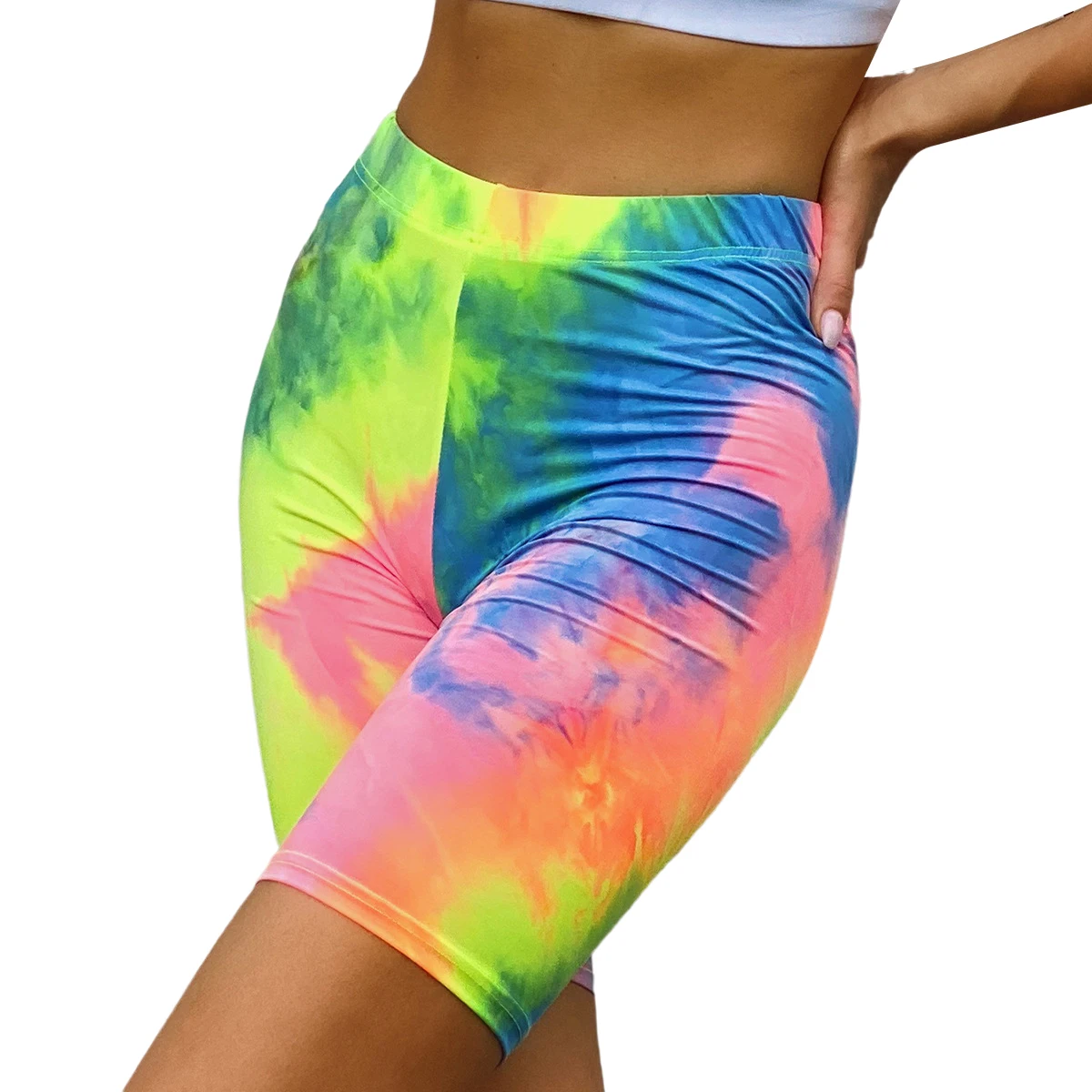 

AA Summer Women Stretch Short Leggings High Waist Colorful Tie Dye Bicycle Capri Sweatpants Shorts Elastic Waist Ladies Shorts