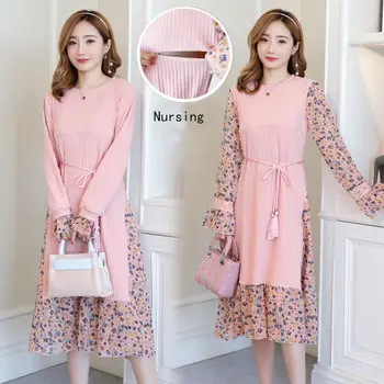 

Floral Chiffon Knitted Nursing Dress For Pregnant Women Sweater Long Sleeve Maternity Breastfeeding Dress