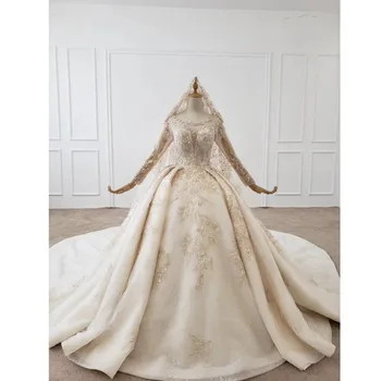 شراءBGW HT41729 فستان زفاف مطرز باللؤلؤ كم طويل فستان زفاف مزين فساتين زفاف بسيطة مع الحجاب رداء ماري 2020