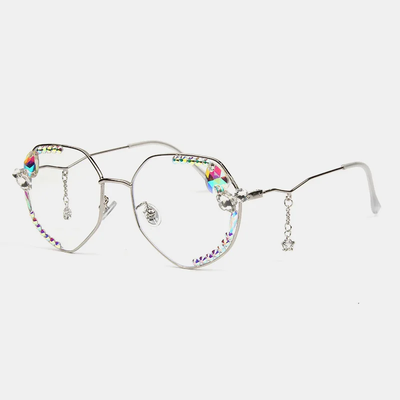 ROYAL GIRL New Fashion Flat Mirror Female Small Box Luxury Point Diamond Brand Five-pointed Star Pendant Sunglasses os036 - Цвет оправы: C4 Silver