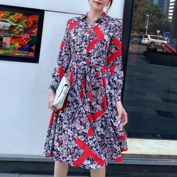 

Bohemian Vintage Print Long Sleeve Single-Breasted Belt Elegant Temperament Shirt Dress Spring-Summer 2020 New Women'S Clothing
