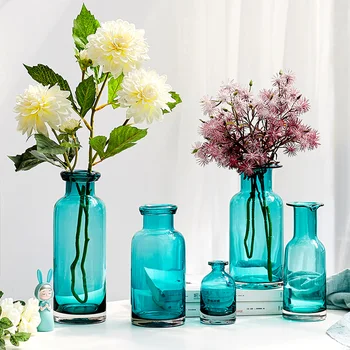 

Nordic Home Decoration Accessories Modern Transparent Hydroponic Glass Vase Wedding Vase Blue Tabletop Vase Vases for Flowers