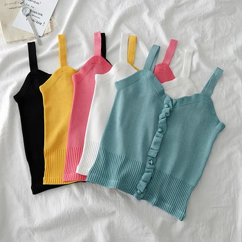 

Women Crop Top Knitted Botton Club Sexy Tank Tops 2020 Summer Female Solid Crop Top Strap Tops for Women Clothes Casual Camis