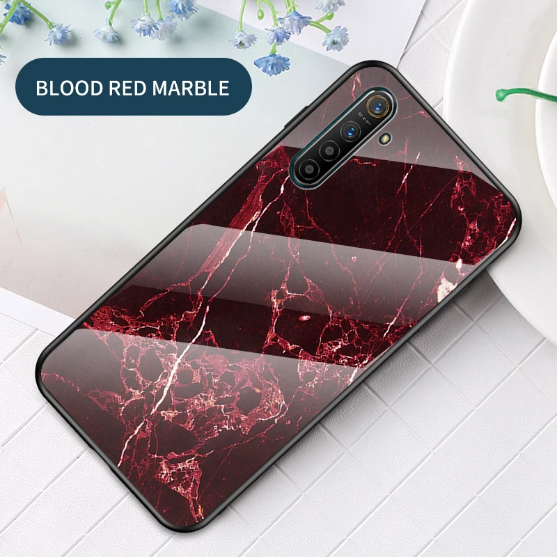 Высококачественный защитный чехол для Oppo Realme XT чехол Мрамор Глянцевая закаленное Стекло Мягкий Силиконовый противоударный жесткий чехол для телефона с рисунком в виде чехол для Oppo Realme X2 чехол 6,4 дюймов - Цвет: Красный