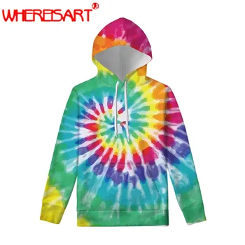 

WHEREISART Rainbow Tie Dye All Over Print Sweatshirt for Teen Girls Women Hoodie Pocket Warm Thicken Pullovers Hood Ladies Mujer