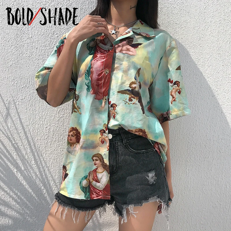 Bold Shade Y2K Aestheic 90s Blouse Angle Printed Short Sleeve Button Front Satin Vintage Streetwear Shirts Autumn Summer Women