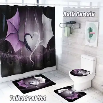 

4 Pcs Cartoon Dragon Fabric Polyester Shower Curtains Bath Mat Set Waterproof Rug For Toilet Bathroom Accessories Sets