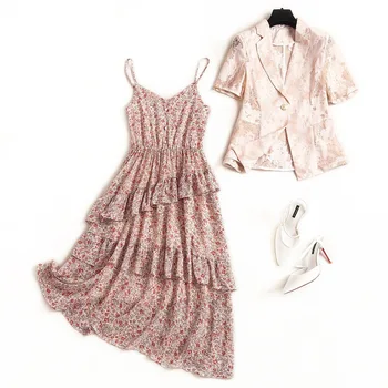 

Top Quality Designer Clothing Sets 2020 Spring Dress Suit Women Notched Collar Lace Blazer Jacket+Chiffon Mid-Calf Strap Dress