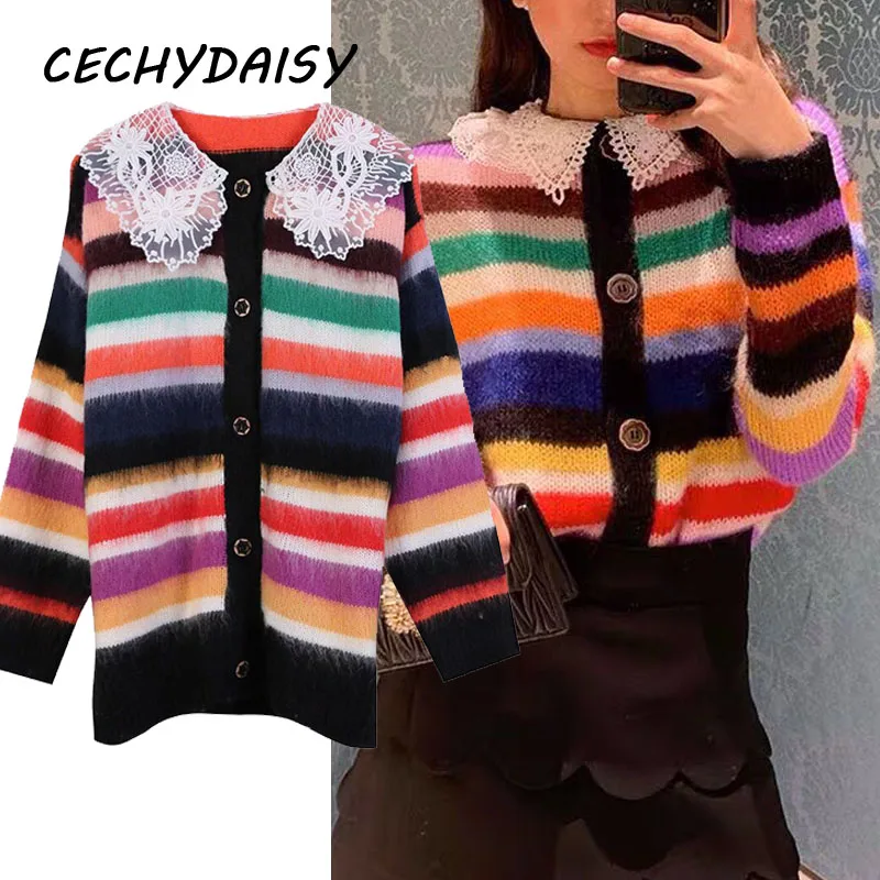 Женский кардиган в радужную полоску повседневный вязаный джемпер с длинным