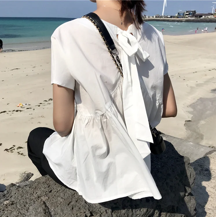 Boho, винтажная, шикарная, с бантом сзади, белая блузка, женская рубашка, Корейская одежда, летняя, повседневная, короткий рукав, женские топы, блузы