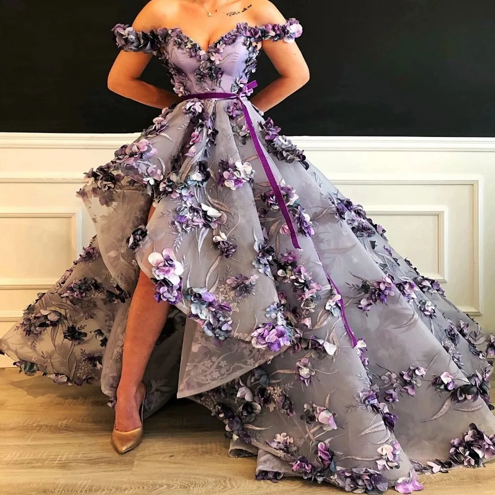 

High Low Prom Dresses With Handmade Flowers Off The Shoulder African Women Formal Evening Dress Zipper vestido de festa