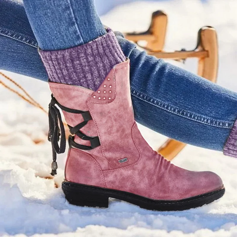 

Women's Mid Calf Boots Winter Woman Warm Zip Snow Boots Female PU Leather Solid Sewing Platform Shoes Women Causal Boots