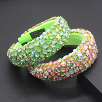 

2020 New Fashion Hair Jewelry Green Geometric Shiny Light Crystal Headband Baroque Rhinestone Hairband Wedding Tiara822