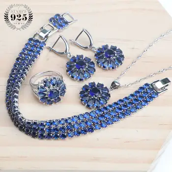 

Bridal Women Accessories Silver 925 Jewelry Sets Blue Luxury Zircon Wedding Necklace Set Ring Bracelet Earrings Pendant Jewelry